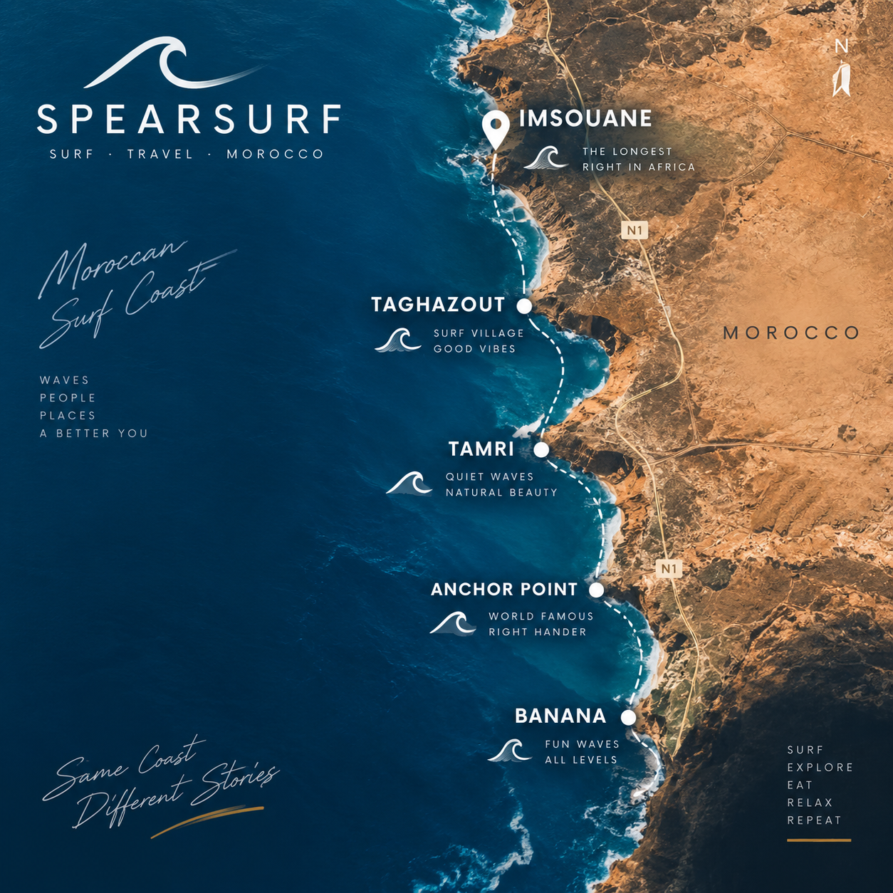 Spearsurf surf coast map from Imsouane to Banana
